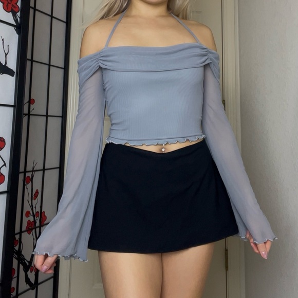 Tops - Grey Gray Off-The-Shoulder Cropped Lettuce-Hem Sheer Long-Sleeve Crop Top Blouse